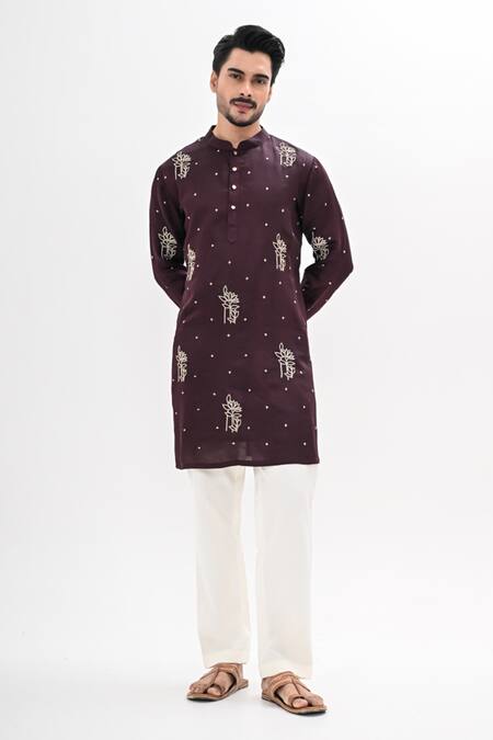 Buy_Kalpana Naik_Wine Linen, Satin Embroidery Bloom Hand Kurta Set _Online_at_Aza_Fashions