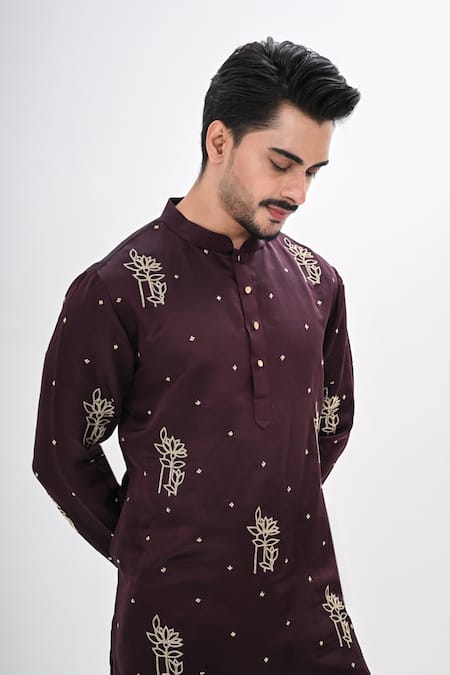 Shop_Kalpana Naik_Wine Linen, Satin Embroidery Bloom Hand Kurta Set _Online_at_Aza_Fashions