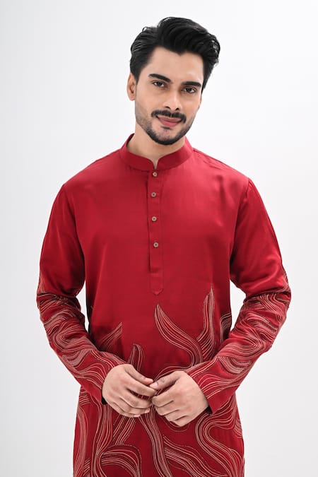 Kalpana Naik_Maroon Linen, Satin Embroidery Crimson Flow Hand Kurta Set _Online_at_Aza_Fashions