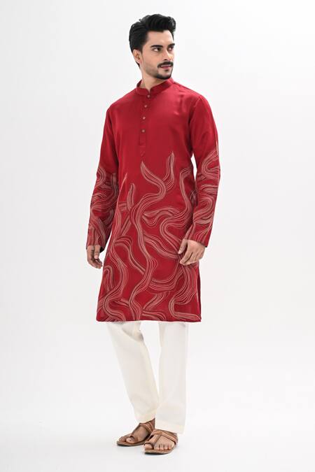 Buy_Kalpana Naik_Maroon Linen, Satin Embroidery Crimson Flow Hand Kurta Set _Online_at_Aza_Fashions
