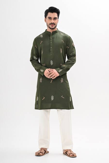 Buy_Kalpana Naik_Green Linen, Satin Embroidery Mor Pankh And Bansuri Hand Kurta Set _Online_at_Aza_Fashions