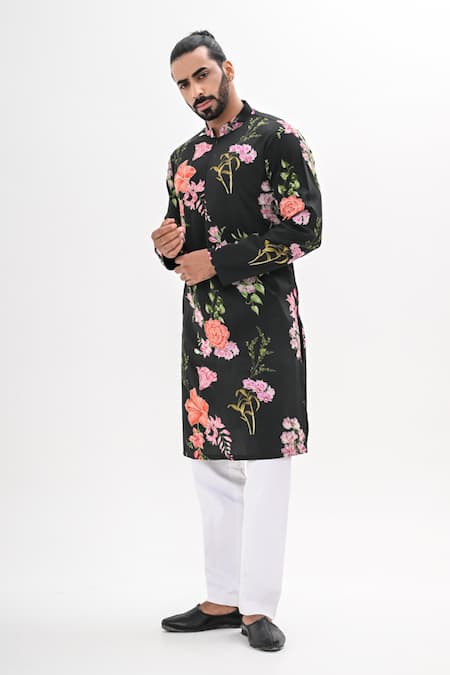 Kalpana Naik_Black Crepe Embroidery Bloom Printed Hand Kurta Set _Online_at_Aza_Fashions
