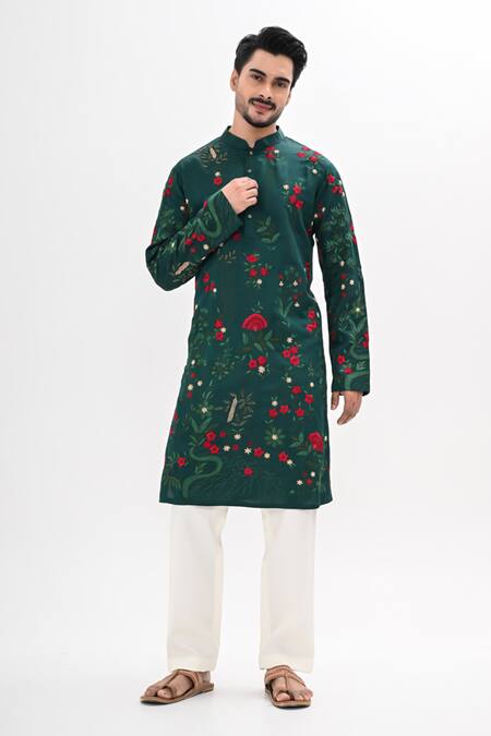 Kalpana Naik_Green Satin Embroidery Emerald Bloom Hand Kurta Set _Online_at_Aza_Fashions