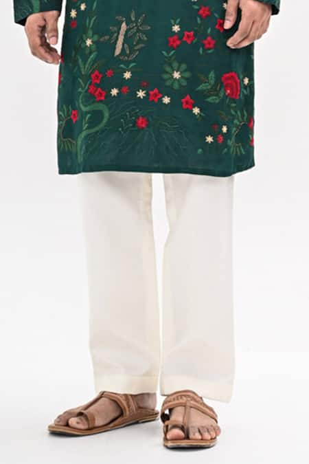 Buy_Kalpana Naik_Green Satin Embroidery Emerald Bloom Hand Kurta Set _Online_at_Aza_Fashions