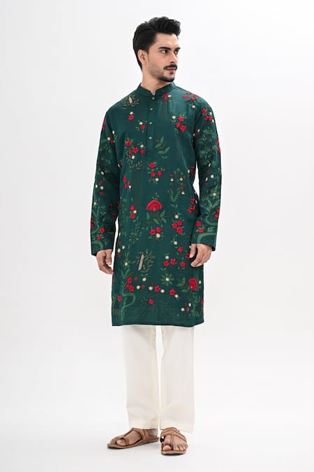 Shop_Kalpana Naik_Green Satin Embroidery Emerald Bloom Hand Kurta Set _Online_at_Aza_Fashions