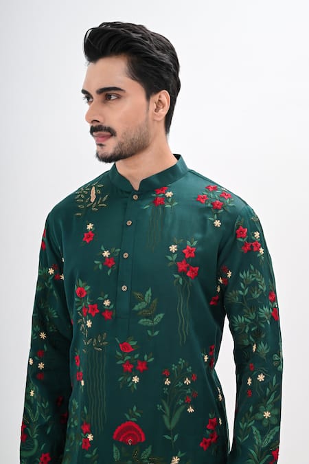 Kalpana Naik_Green Satin Embroidery Emerald Bloom Hand Kurta Set _at_Aza_Fashions