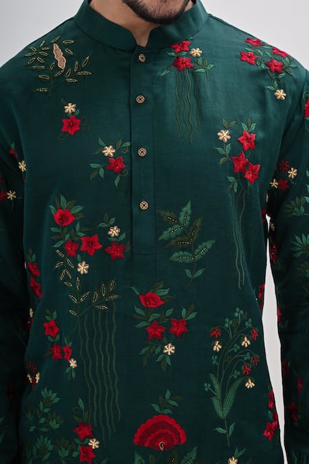 Buy_Kalpana Naik_Green Satin Embroidery Emerald Bloom Hand Kurta Set 