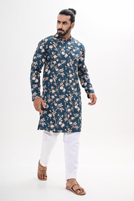 Kalpana Naik_Teal Crepe Embroidery Bloom Printed Kurta And Pant Set _at_Aza_Fashions