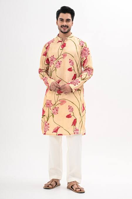 Buy_Kalpana Naik_Cream Crepe Lotus Bloom Print Kurta And Pant Set _Online_at_Aza_Fashions