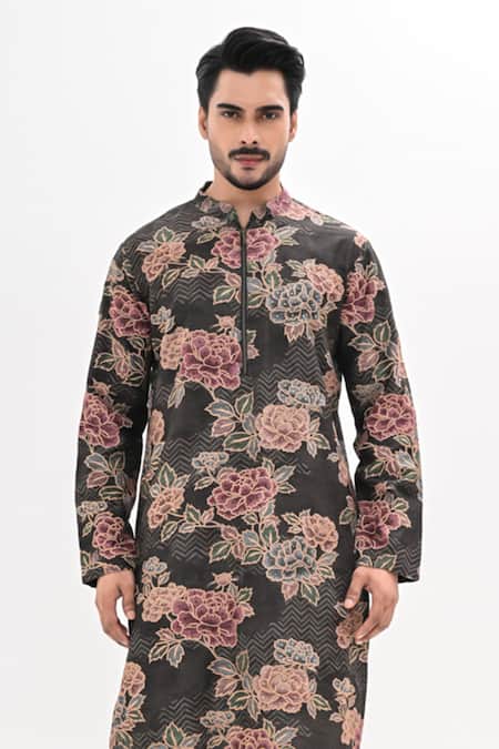 Buy_Kalpana Naik_Gray Cotton, Rayon Embroidery Rustic Bloom Hand Kurta Set 