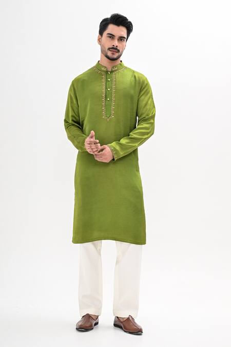 Buy_Kalpana Naik_Green Linen, Satin Embroidery Peacock Hues Hand Kurta Set _Online_at_Aza_Fashions