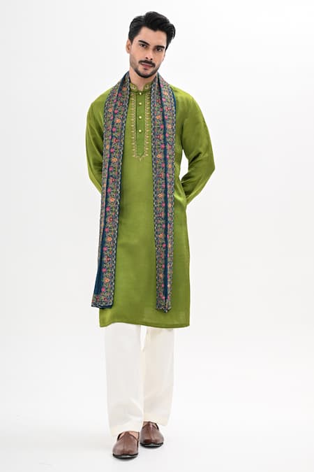 Shop_Kalpana Naik_Green Linen, Satin Embroidery Peacock Hues Hand Kurta Set _Online_at_Aza_Fashions