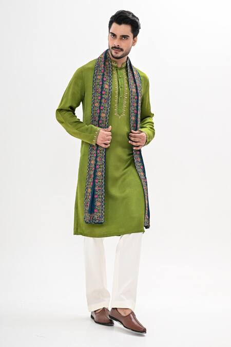 Kalpana Naik_Green Linen, Satin Embroidery Peacock Hues Hand Kurta Set _at_Aza_Fashions