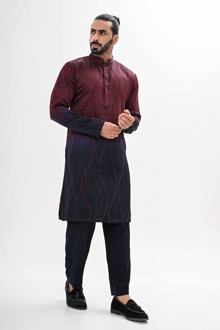 Shop Kalpana Naik Maroon Linen, Satin Embroidery Ombre Hand Kurta Set Online at Aza Fashions Shop_Kalpana Naik_Maroon Linen, Satin Embroidery Ombre Hand Kurta Set _Online_at_Aza_Fashions