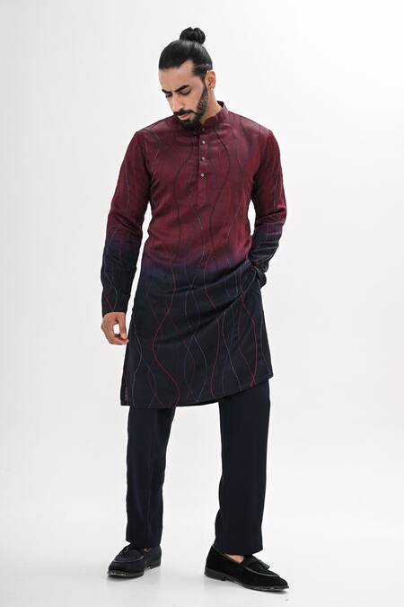 Kalpana Naik Maroon Linen, Satin Embroidery Ombre Hand Kurta Set at Aza Fashions Kalpana Naik_Maroon Linen, Satin Embroidery Ombre Hand Kurta Set _at_Aza_Fashions