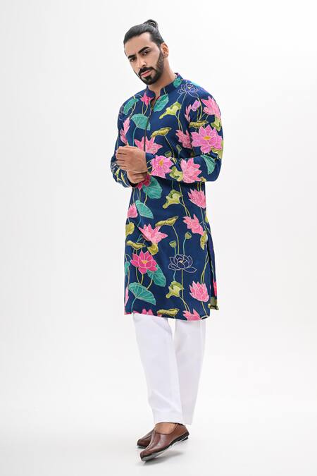 Kalpana Naik_Blue Crepe Embroidery Blooming Hand Kurta Set _Online_at_Aza_Fashions