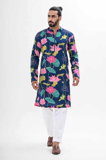 Buy_Kalpana Naik_Blue Crepe Embroidery Blooming Hand Kurta Set _Online_at_Aza_Fashions