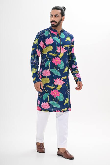 Shop_Kalpana Naik_Blue Crepe Embroidery Blooming Hand Kurta Set _Online_at_Aza_Fashions