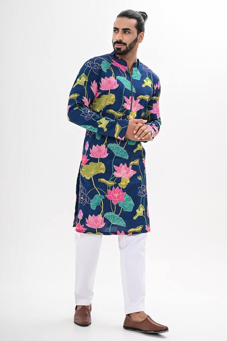 Kalpana Naik_Blue Crepe Embroidery Blooming Hand Kurta Set _at_Aza_Fashions