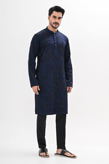 Kalpana Naik_Navy Linen Embroidery Blossom Crest Hand Kurta Set _Online_at_Aza_Fashions