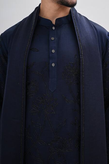 Kalpana Naik_Navy Linen Embroidery Blossom Crest Hand Kurta Set _at_Aza_Fashions
