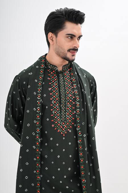 Kalpana Naik Olive Green Crepe Embroidery Bandhani Print Kurta Set Online at Aza Fashions Kalpana Naik_Olive Green Crepe Embroidery Bandhani Print Kurta Set _Online_at_Aza_Fashions