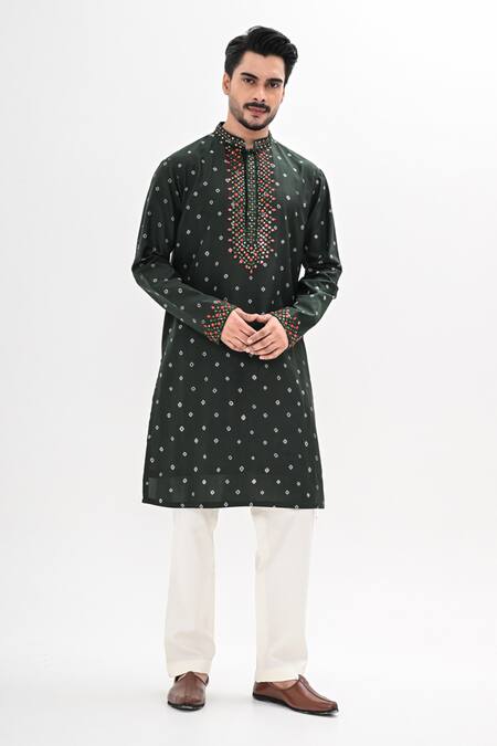 Shop Kalpana Naik Olive Green Crepe Embroidery Bandhani Print Kurta Set Online at Aza Fashions Shop_Kalpana Naik_Olive Green Crepe Embroidery Bandhani Print Kurta Set _Online_at_Aza_Fashions