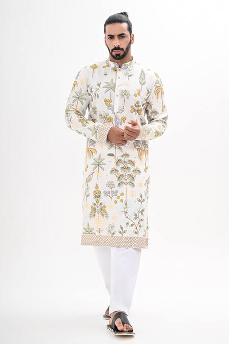 Kalpana Naik_White Cotton, Silk Embroidery Gul Bagh Kurta Set _Online_at_Aza_Fashions
