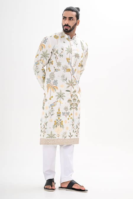 Kalpana Naik_White Cotton, Silk Embroidery Gul Bagh Kurta Set _at_Aza_Fashions