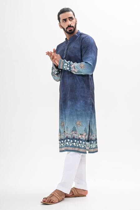 Buy_Kalpana Naik_Blue Cotton, Silk Embroidery Teal Ombre Kurta Set _Online_at_Aza_Fashions