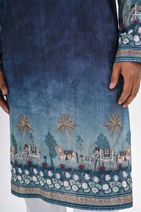 Shop_Kalpana Naik_Blue Cotton, Silk Embroidery Teal Ombre Kurta Set _Online_at_Aza_Fashions