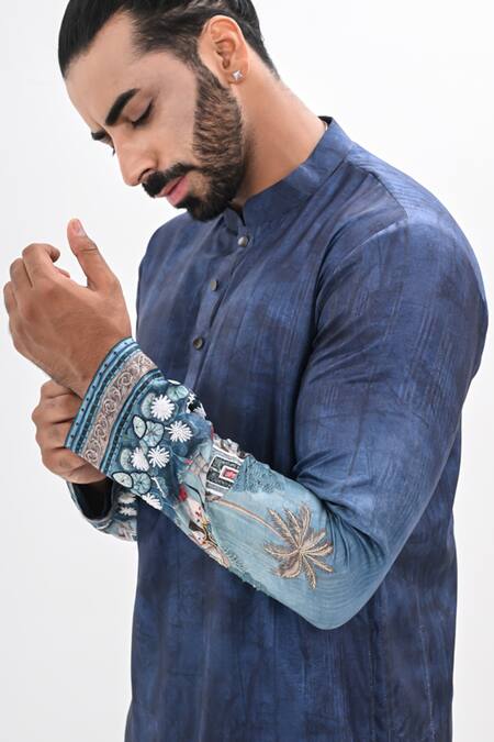 Kalpana Naik_Blue Cotton, Silk Embroidery Teal Ombre Kurta Set _at_Aza_Fashions