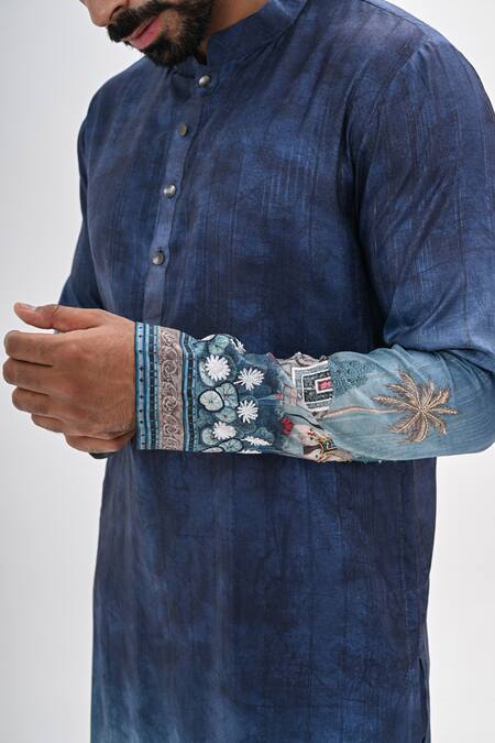 Buy_Kalpana Naik_Blue Cotton, Silk Embroidery Teal Ombre Kurta Set 