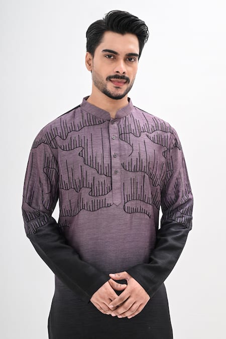 Kalpana Naik_Purple Bemberg, Silk Embroidery Midnight Echo Ombre Kurta And Pant Set _at_Aza_Fashions
