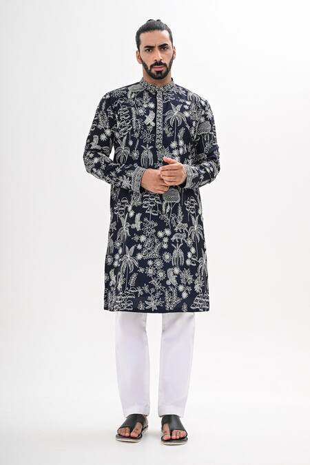 Buy_Kalpana Naik_Navy Bemberg, Silk Embroidery Wild Bloom Kurta Set _Online_at_Aza_Fashions