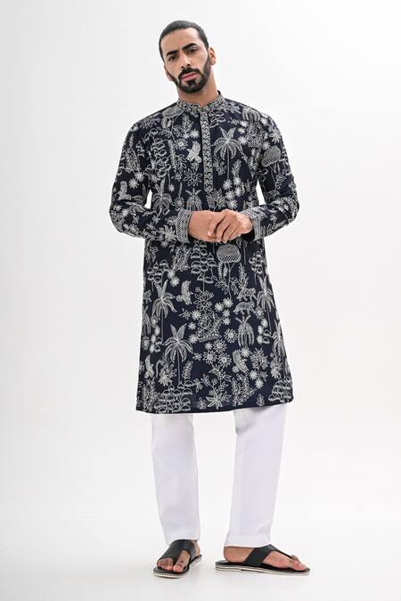 Shop_Kalpana Naik_Navy Bemberg, Silk Embroidery Wild Bloom Kurta Set _Online_at_Aza_Fashions