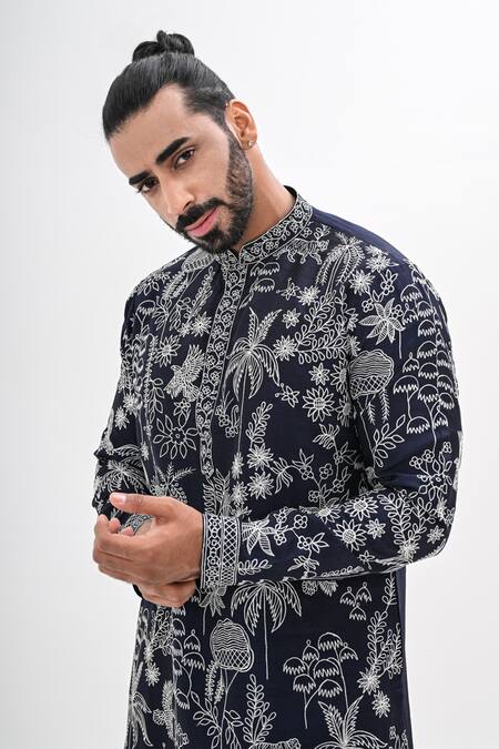 Kalpana Naik_Navy Bemberg, Silk Embroidery Wild Bloom Kurta Set _at_Aza_Fashions