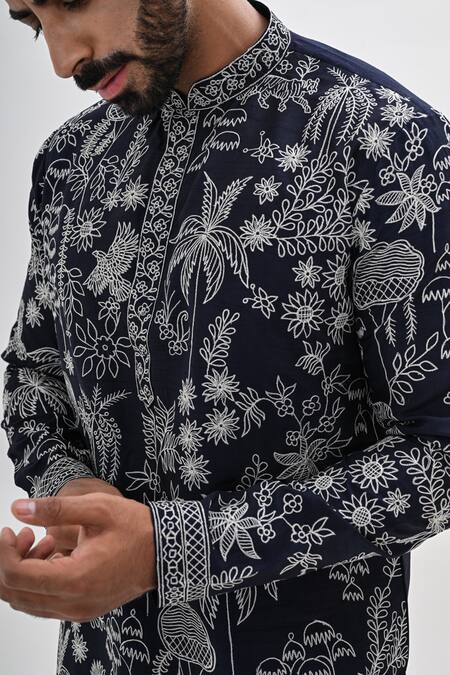 Buy_Kalpana Naik_Navy Bemberg, Silk Embroidery Wild Bloom Kurta Set 