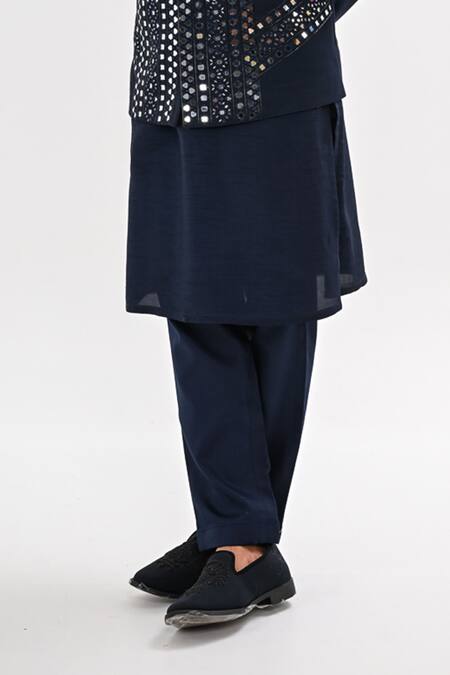 Kalpana Naik_Navy Bemberg, Silk Embroidery, Mirrors Sheesh Mahal Nehru Jacket And Kurta Set _Online_at_Aza_Fashions