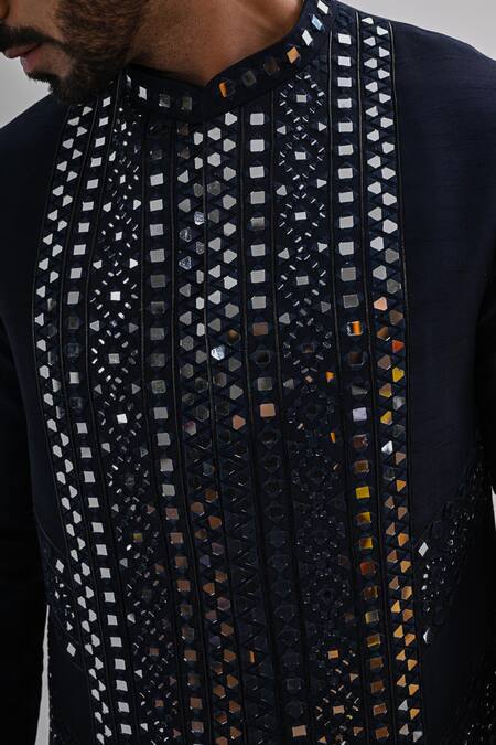 Buy_Kalpana Naik_Navy Bemberg, Silk Embroidery, Mirrors Sheesh Mahal Nehru Jacket And Kurta Set _Online_at_Aza_Fashions