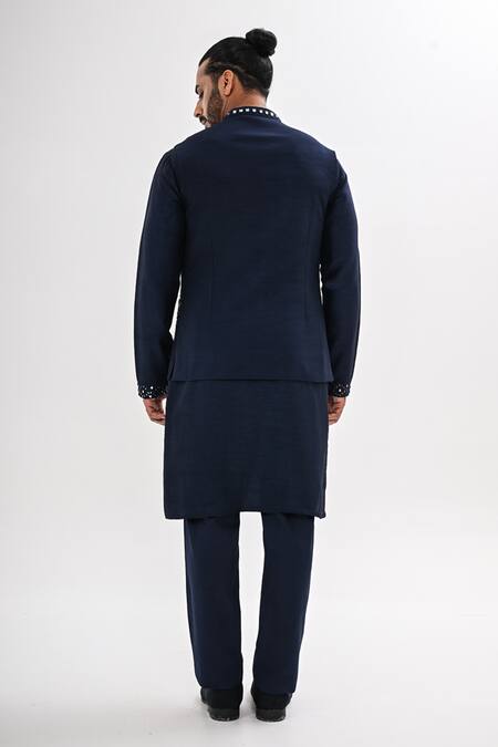 Shop_Kalpana Naik_Navy Bemberg, Silk Embroidery, Mirrors Sheesh Mahal Nehru Jacket And Kurta Set _Online_at_Aza_Fashions