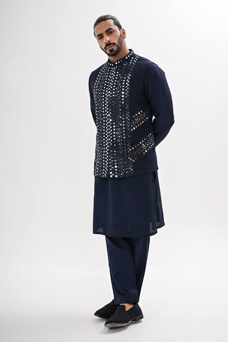 Kalpana Naik_Navy Bemberg, Silk Embroidery, Mirrors Sheesh Mahal Nehru Jacket And Kurta Set _at_Aza_Fashions