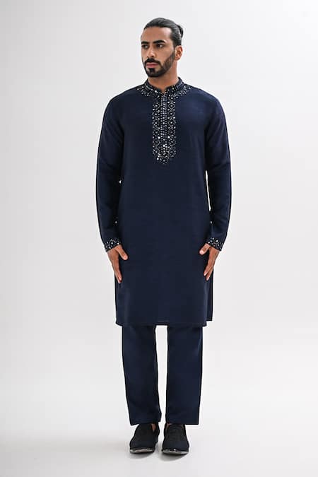 Buy_Kalpana Naik_Navy Bemberg, Silk Embroidery, Mirrors Sheesh Mahal Nehru Jacket And Kurta Set 