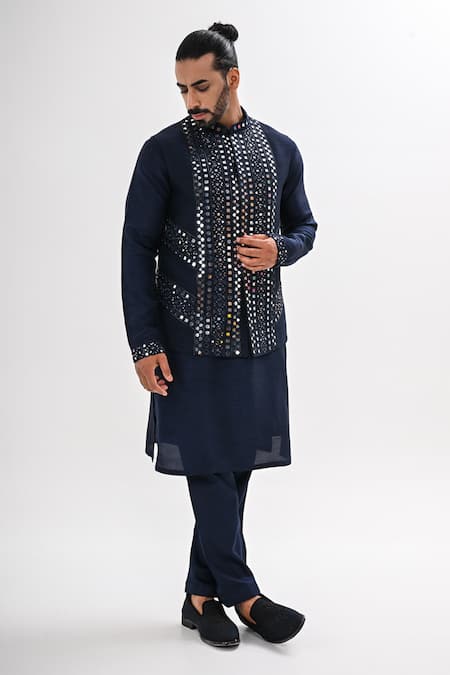 Kalpana Naik Navy Bemberg, Silk Embroidery, Mirrors Sheesh Mahal Nehru Jacket And Kurta Set 