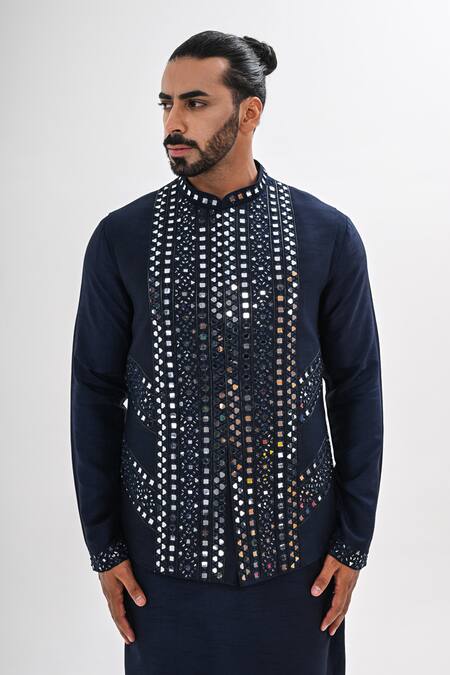 Shop_Kalpana Naik_Navy Bemberg, Silk Embroidery, Mirrors Sheesh Mahal Nehru Jacket And Kurta Set 