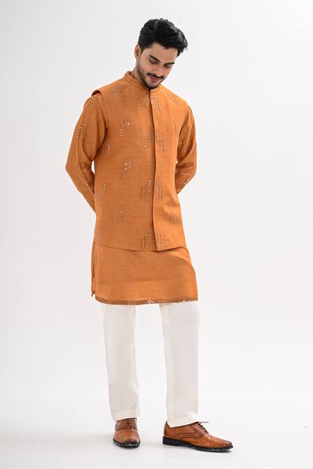 Buy_Kalpana Naik_Mustard Bemberg, Silk Mirrors, Embroidery Taraang Nehru Jacket And Kurta Set _Online_at_Aza_Fashions