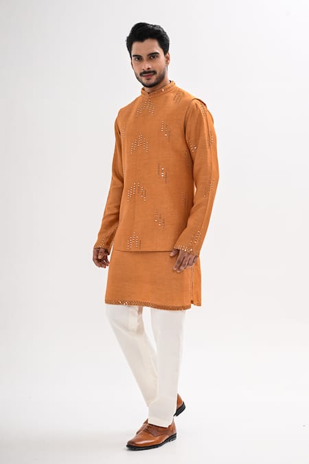Shop_Kalpana Naik_Mustard Bemberg, Silk Mirrors, Embroidery Taraang Nehru Jacket And Kurta Set _Online_at_Aza_Fashions