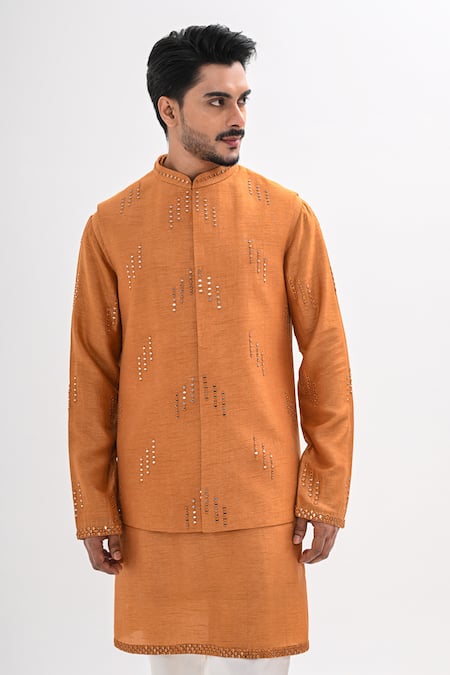Kalpana Naik_Mustard Bemberg, Silk Mirrors, Embroidery Taraang Nehru Jacket And Kurta Set _at_Aza_Fashions