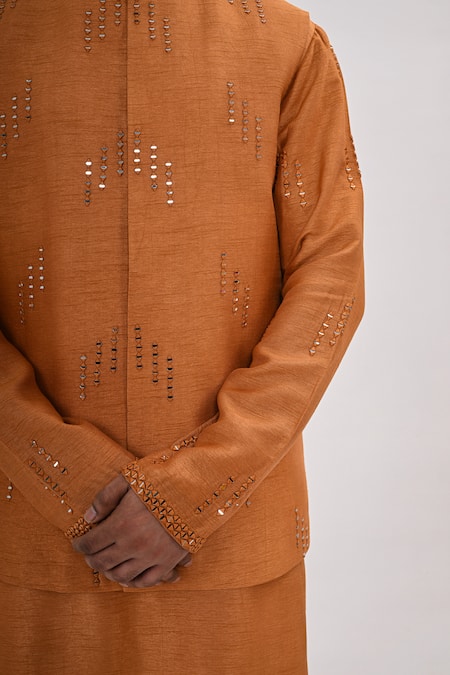 Buy_Kalpana Naik_Mustard Bemberg, Silk Mirrors, Embroidery Taraang Nehru Jacket And Kurta Set 
