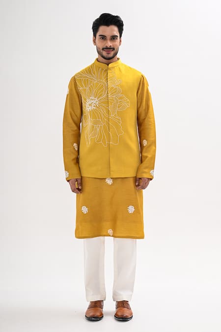 Buy Kalpana Naik Yellow Linen, Satin Embroidery Marigold Muse Nehru Jacket And Kurta Set Online at Aza Fashions Buy_Kalpana Naik_Yellow Linen, Satin Embroidery Marigold Muse Nehru Jacket And Kurta Set _Online_at_Aza_Fashions
